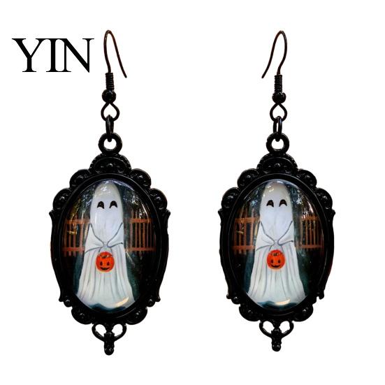 Handmade Crystal Glue Earrings Gothic Ghost Earrings, Vintage Style Matte Black Alloy Dangle Decorative Commemorative Jewelry Halloween for