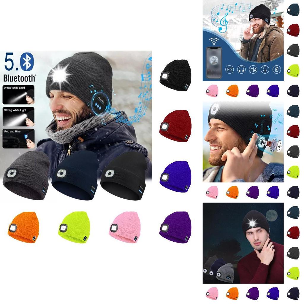 Outdoor Usb Rechargeable Bluetooth Knitted Beanie Hat With Music And Light Features For Winter Comfort