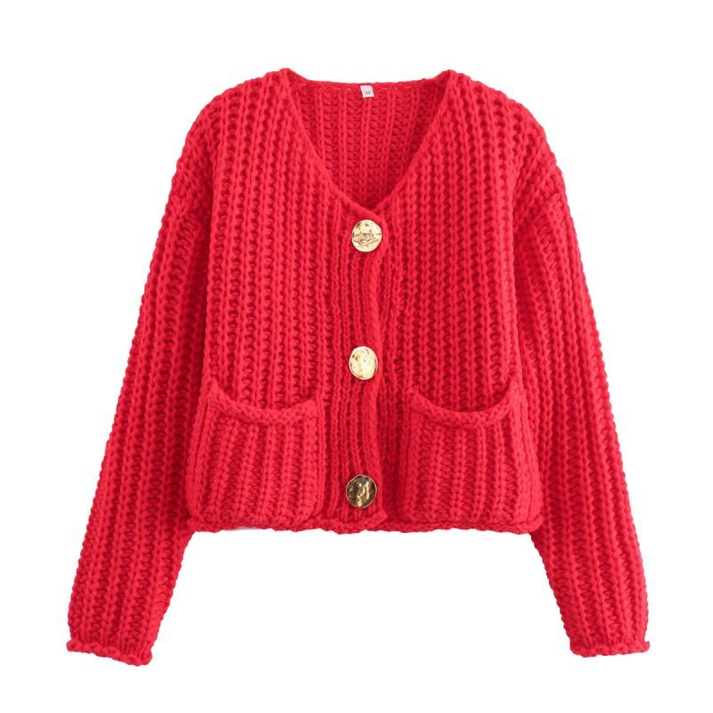 24 Womens Fall Winter Street Fashion Crewneck Knit Cardigan Short Sweater With Metal Buttons