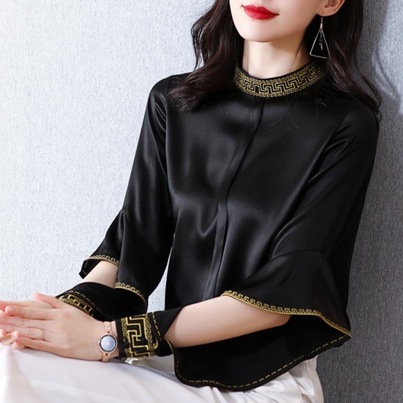 

Элегантные женские летние блузки с длинным рукавом из шелкового шифона с вышивкой, женские топы, женская рубашка, блузка, сорочка femme blusas XXL