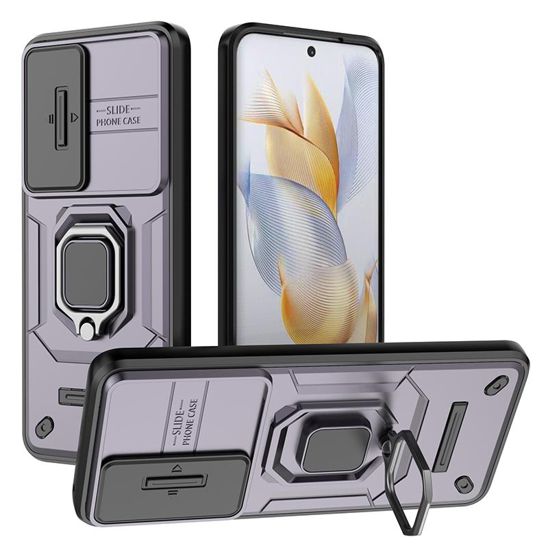 For Honor 90 Case PC+TPU Ring Kickstand Cellphone Cover with Slide Lens Guard