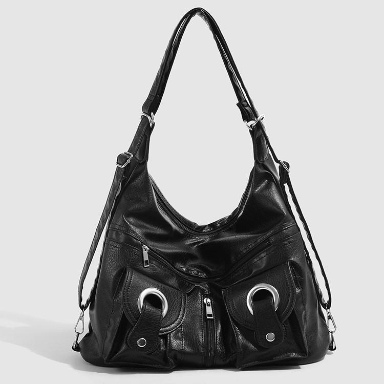 2025 New Simple Personality Versatile Fashionable Zipper Pocket Tote Bag Single Shoulder Bag Commuting Large Capacity Backpack