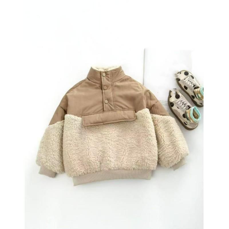 Children's Winter Oversized Patchwork Shearling-Lined Sweatshirt: Unisex Thick, Warm Jacket