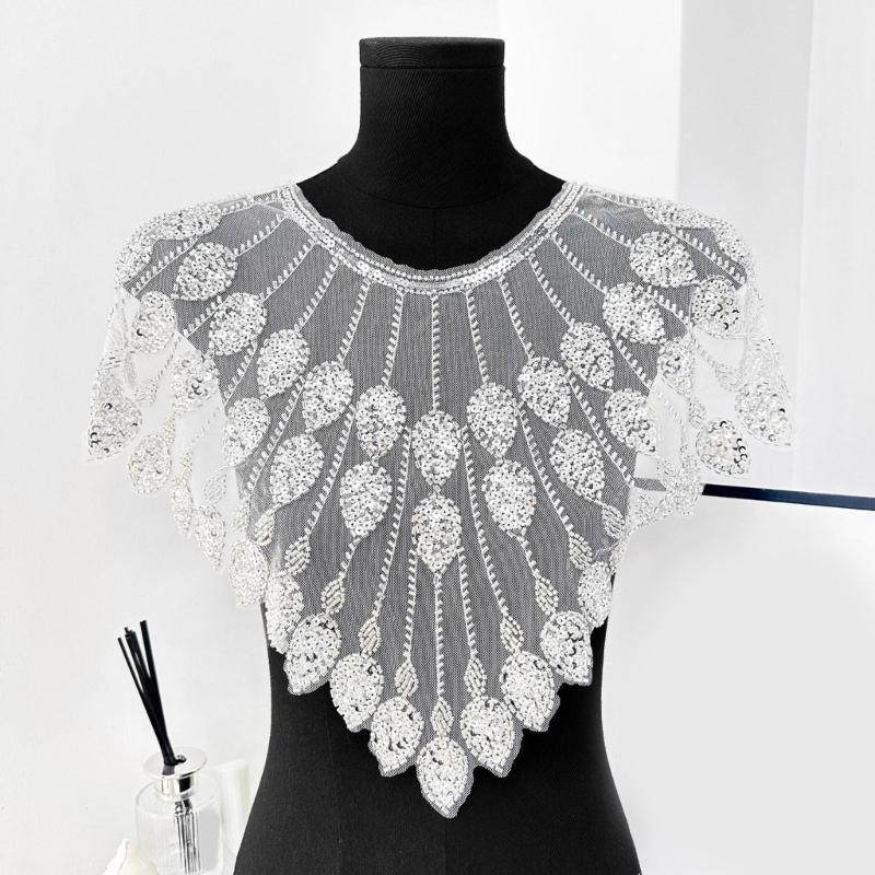Beaded Sequins Sew on Collar Patches for Wedding Dress Evening Gown Embroidered Beads Sequins Sew on Patches Applique