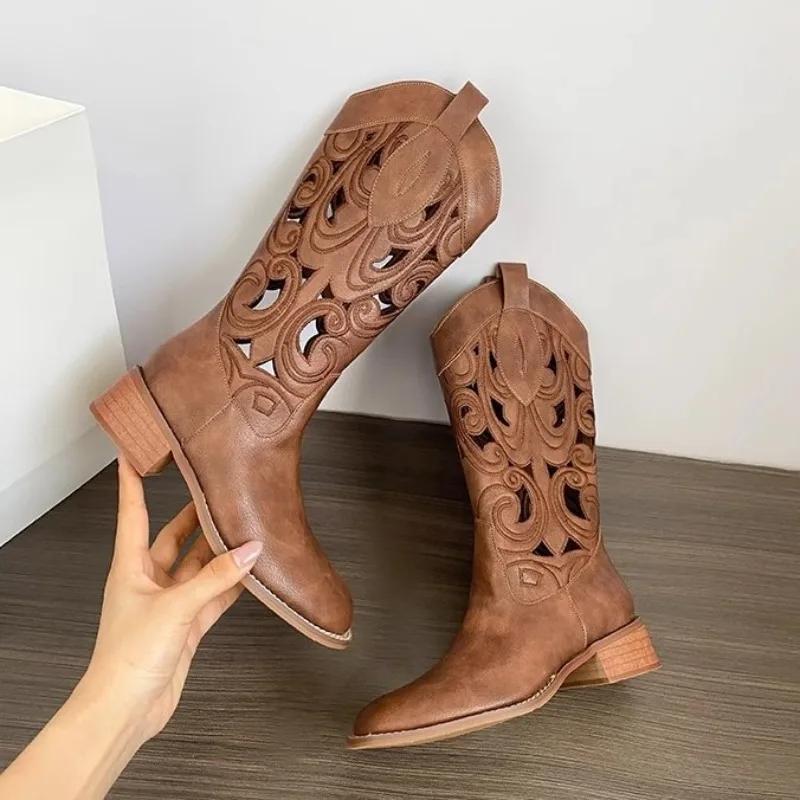 Fashion Hollow Embroidered Vintage Western Boots Women  Autumn Chunky Heels Knee High Cowboy Boots Woman Pu Leather Knight Booties