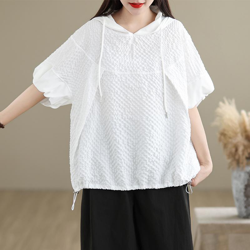 

Dimanaf 2025 Новые летние женские свободные футболки больших размеров с коротким рукавом, базовые повседневные толстовки с капюшоном, однотонные топы One Size белый