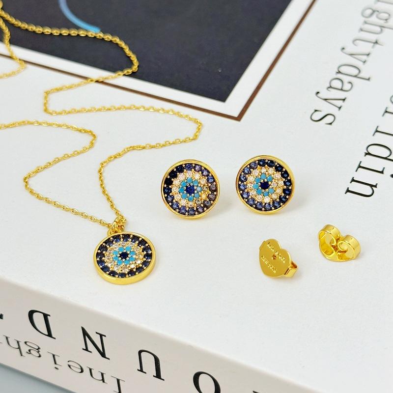 Fashion K Blue Devil'S Eye Necklace Circle Eye Earrings Simple Zircon Stud Earrings Premium Sense Earrings