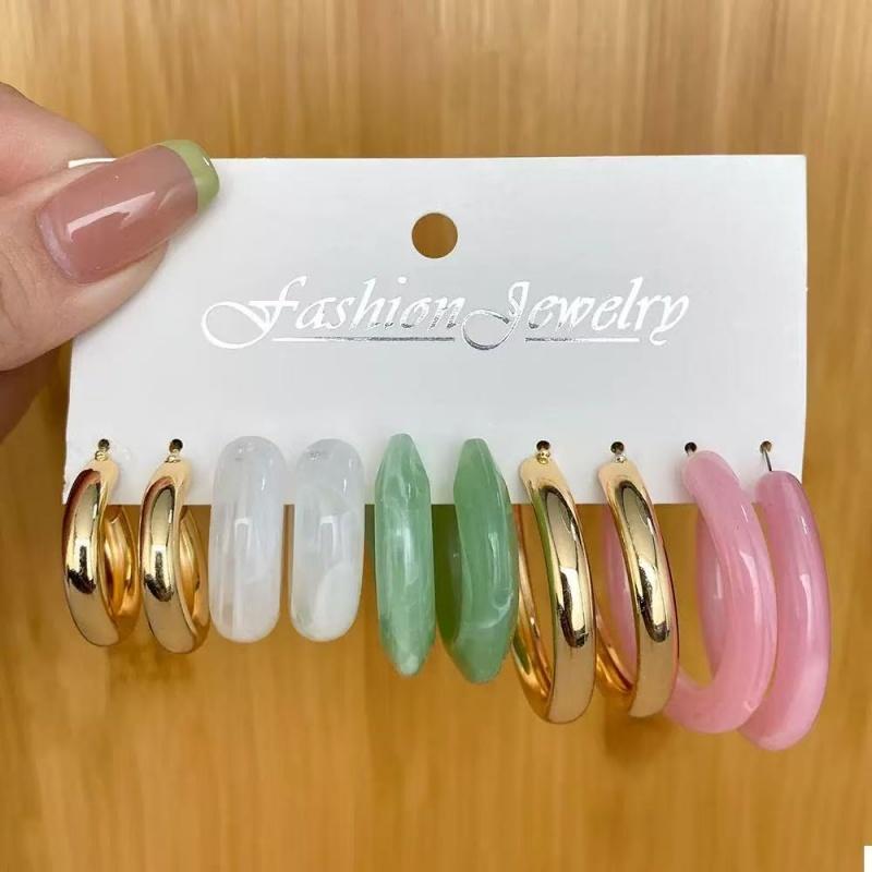 6Pairs 18K Gold Plated Alloy Earrings Set Stainless Steel Post CZ Pearl Heart Hoop for Women Fashion Jewelry
