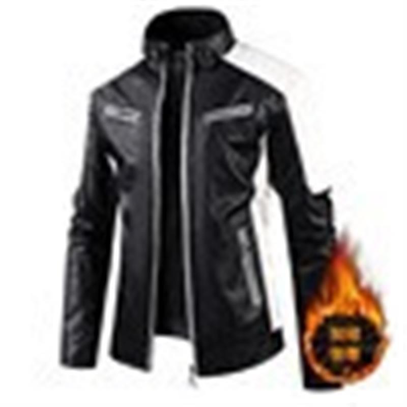 Mens PU Leather Biker Jacket With Stand Collar Retro Patchwork Design Warm Casual Outerwear Winter