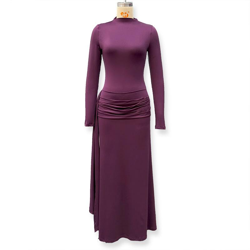 Women High Neck Long Sleeve Bodycon Maxi Dress with Side Drapery Solid Color Elegant Gown