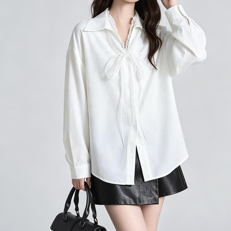 Women's Solid Color Shirt Female Lace Up Turn-down Collar Long Sleeved Blouse Spring New Korean Style Loose Versatile Top