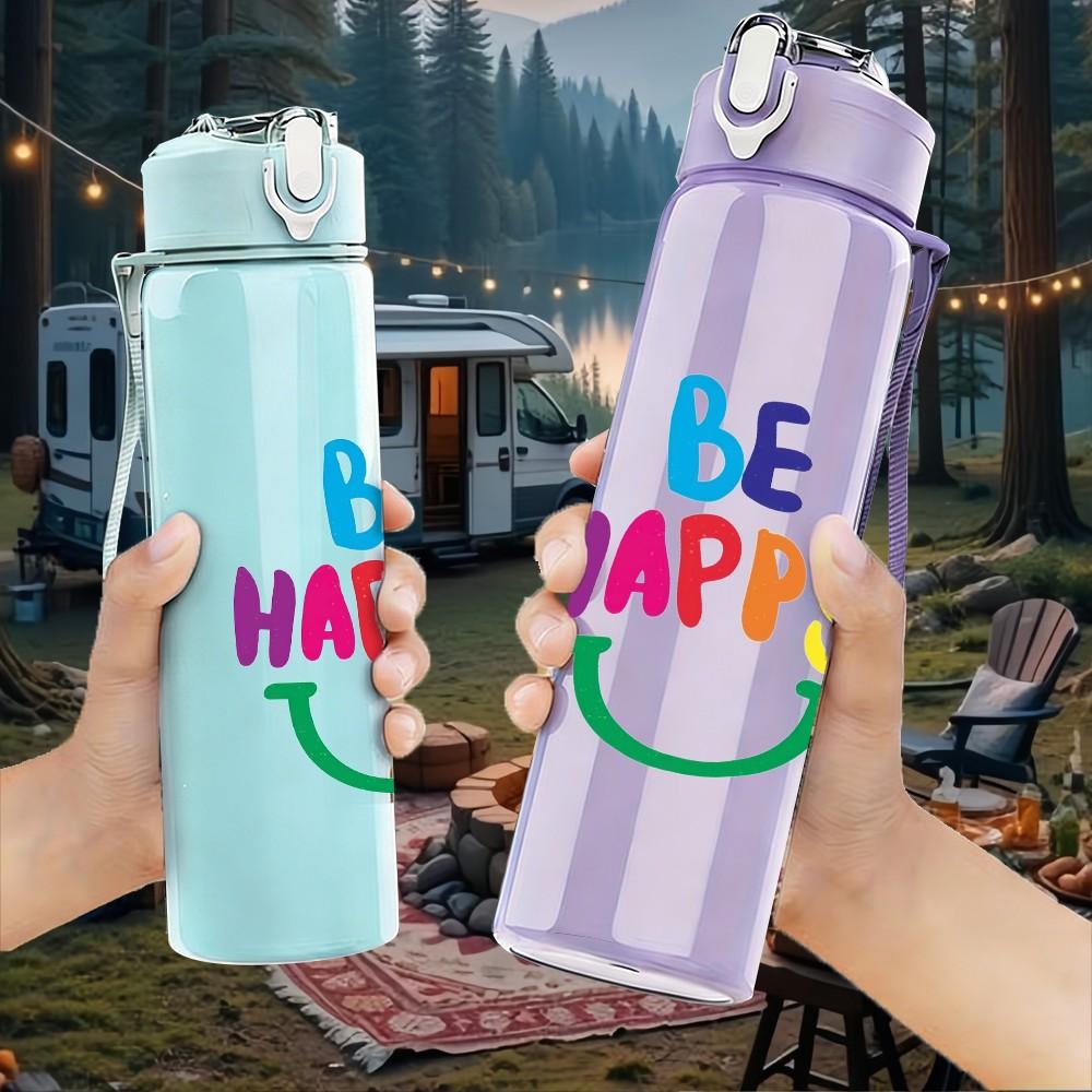 1PC Be Happy Rainbow Bright Slogan Lettering 750ml Color Plastic Sports Water Bottle Leakproof Flip Straw Lid Suitable for Sports Office Home Use