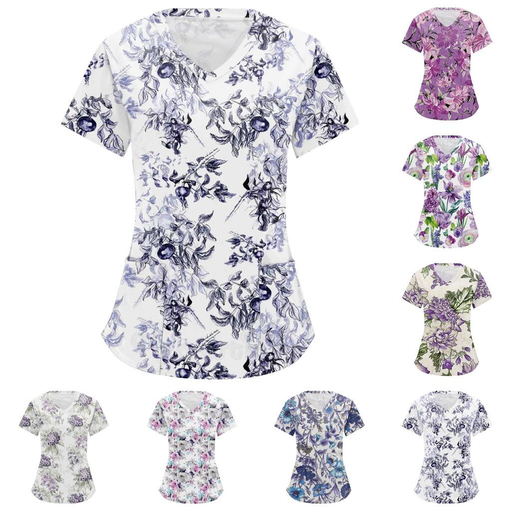 Women's Retro Floral Printed Short Sleeve V-neck Tops Working Pocket Blouse