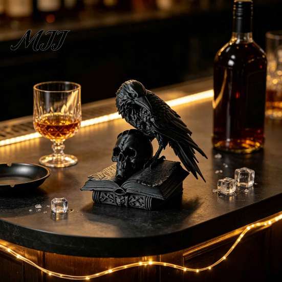 Statua Teschio Corvo Nero Statua, Statuetta Corvo Gotico Stampata 3D per Scrivania Ornamento Desktop Estetica Oscura Mensola, Arte Spettrale di Halloween
