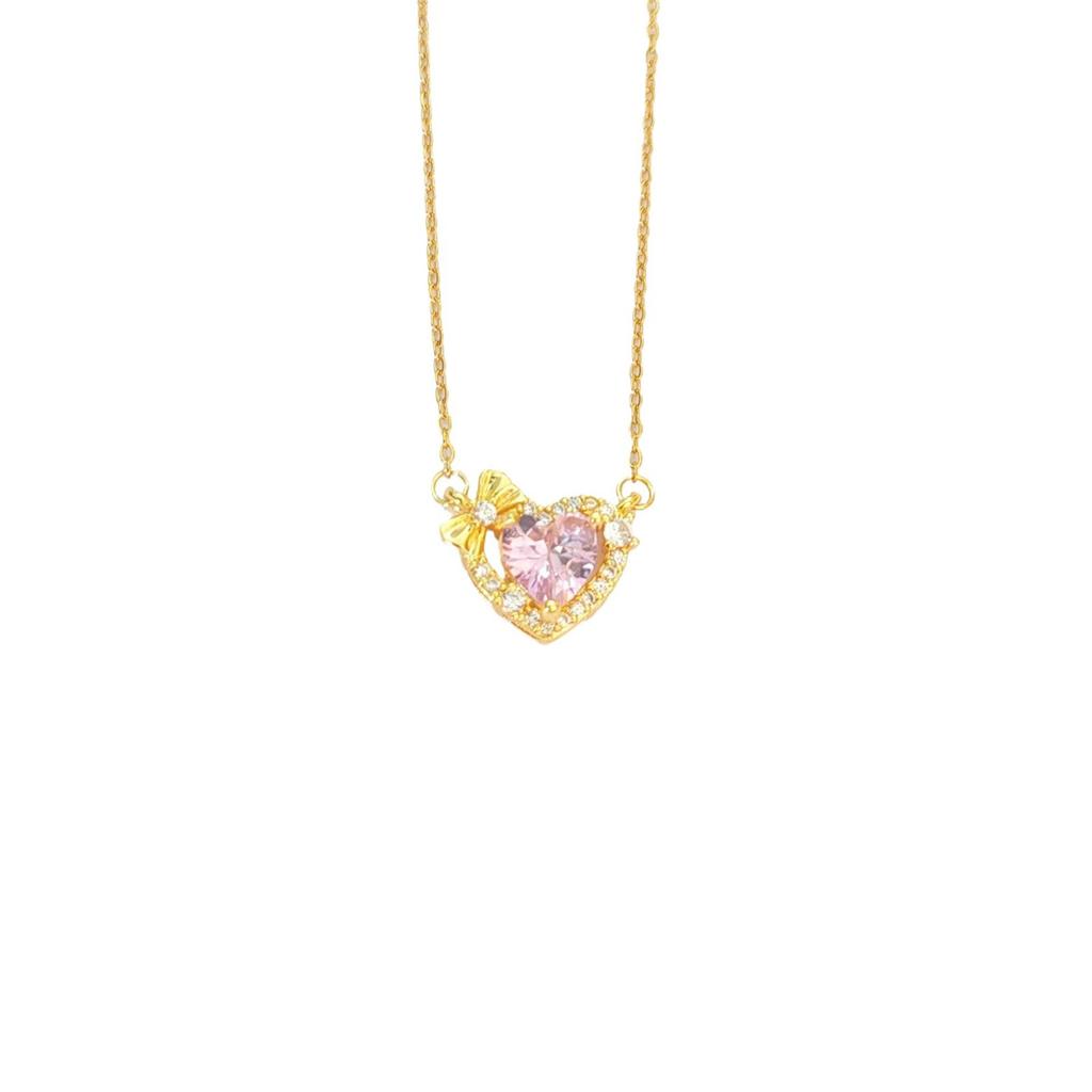 Pink Zirconium Love Necklace Women'S High-End Simple And Sweet Bow Heart Pendant Accessories