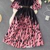 Summer Beach Leopard Print Miyake Oversized Dress Women Clothing Flare Sleeve Belt Big Swing Pleated Loose Long Robe