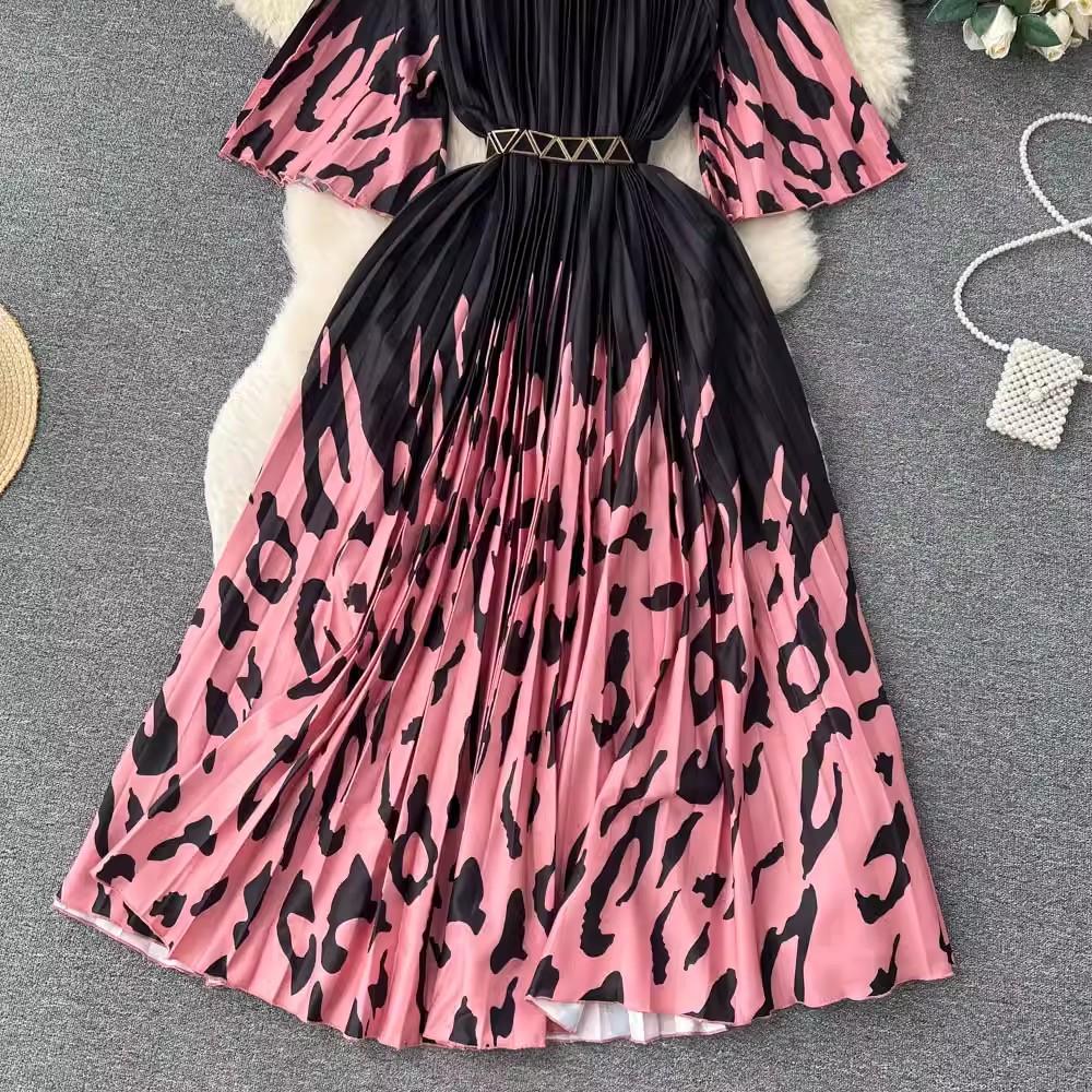 Summer Beach Leopard Print Miyake Oversized Dress Women Clothing Flare Sleeve Belt Big Swing Pleated Loose Long Robe