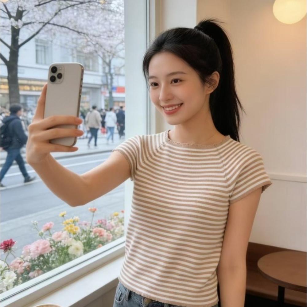 Summer Slimming and Stylish Unique Single-shoulder Versatile Top with Stripe and Round-neck Short-sleeve Knitted Shirt for Women