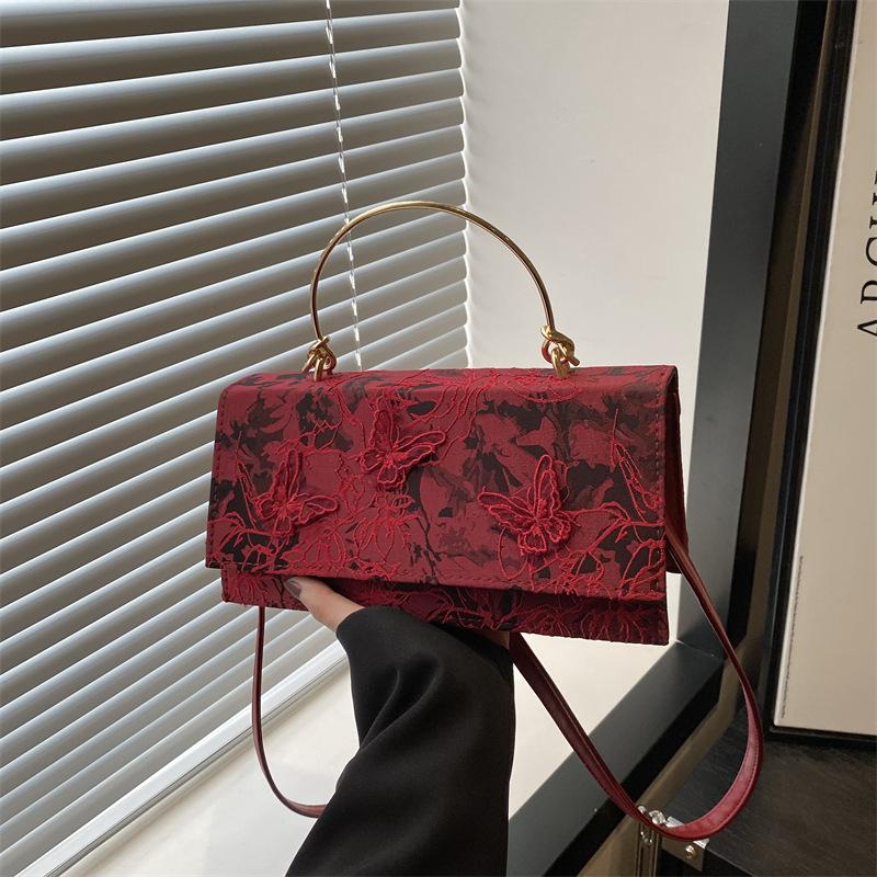 Indented Lace Solid Color New Butterfly Embroidery Fashion One Shoulder Crossbody Portable Horizontal Small Square Bag Women