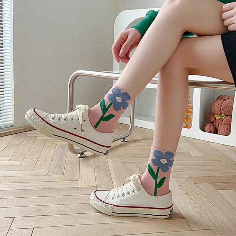 5 Pairs Lot Women Socks Cotton Japanese Korean Style Cute Flower Print Hajuruku Kawaii Floral Breathable Casual Sweet Socks