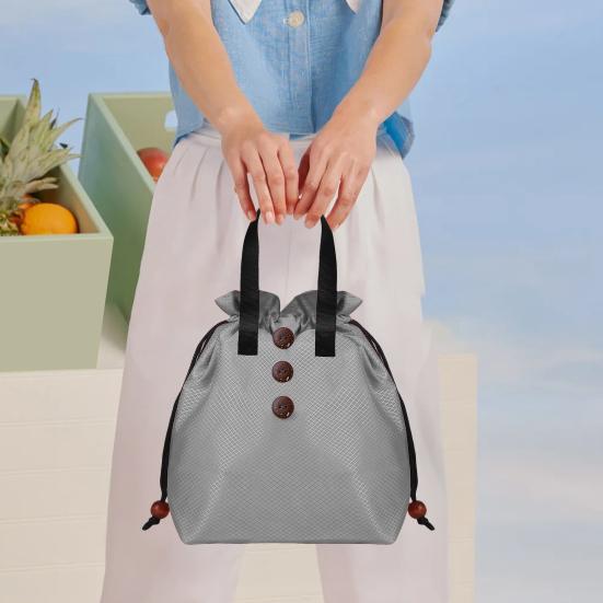 Insulated Lunch Bag Bento Storage Organizer with Drawstring Cuff Large Capacity Waterproof Bento Lunch Handbag with Handle