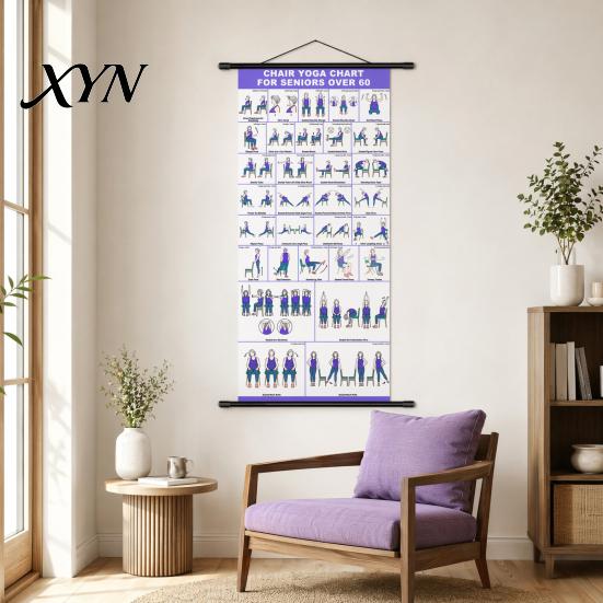 Wellness Wall Art Chair Yoga Chart, Canvas Poster with Hanging Rod And Rope, Gentle Movement Guide Chart for Seniors Beginners Home Stretching