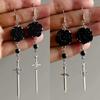 Gothic Handmade Silver Sword Dangle Earrings with Black Rose Design