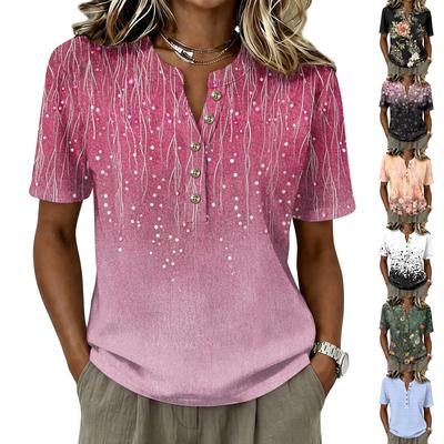 Women's Floral Print Short Sleeve Henley Neck Button Linen Cotton Blouse Casual Lightweight Summer Shirt