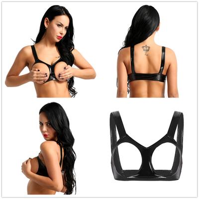 Dames Lingerie Wetlook Faux Leer Mouwloos Open Cups BH Ondergoed Vest Tank Crop Tops