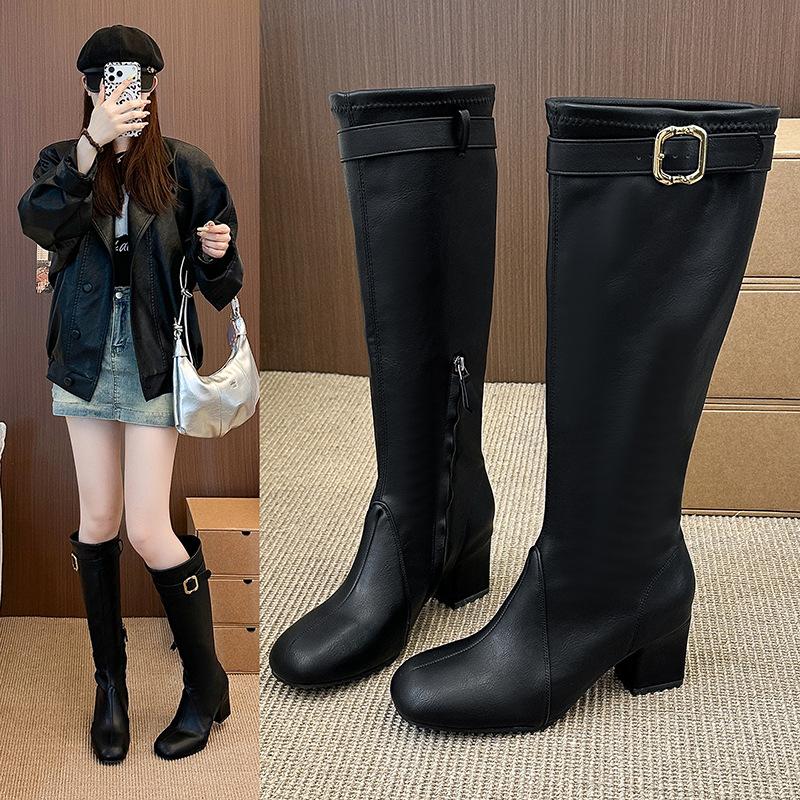 Retro belt buckle side zipper thick heel boots autumn and winter new thin fashion boots high heel but knee knight boots