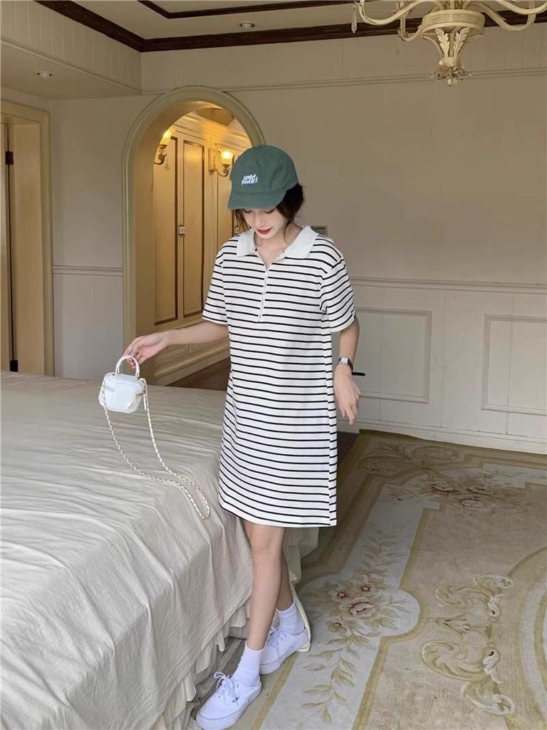 Summer 2025 Korean Sweet Sporty Striped Polo Collar Dress - Women's Short Sleeve Slimming Style