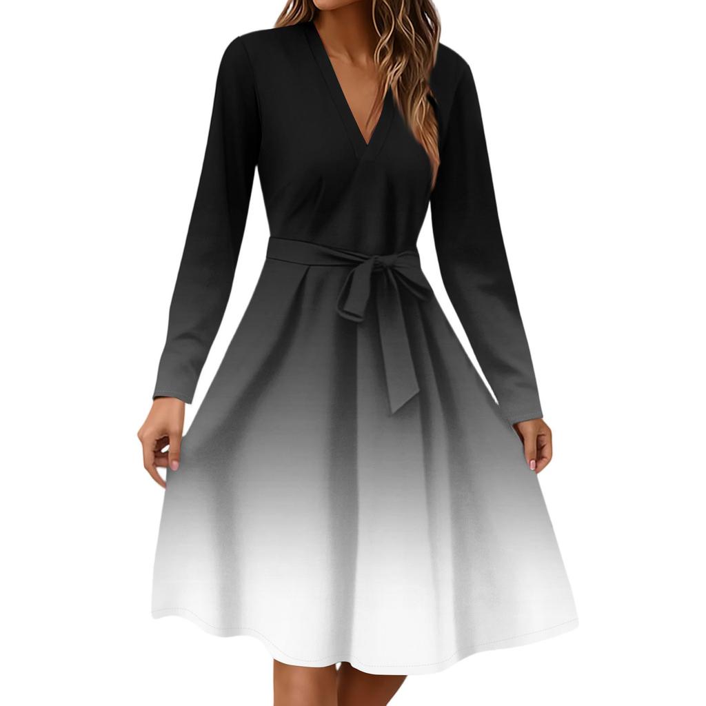 Women's Fashion Casual V-Neck Long Sleeve Waist Gradient Printed Midi Dress