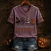 Women's Casual V-Neck Short Sleeve T-Shirt with Halloween Print and Shoulder