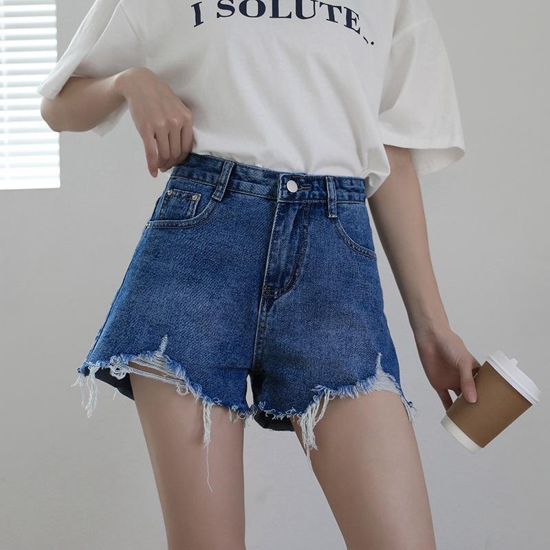 Pants Classic and Minimalist Fashion Versatile Black Gray Female Summer High Waisted Broken Holes Loose Thin A-line Wide-legged Son Denim Shorts