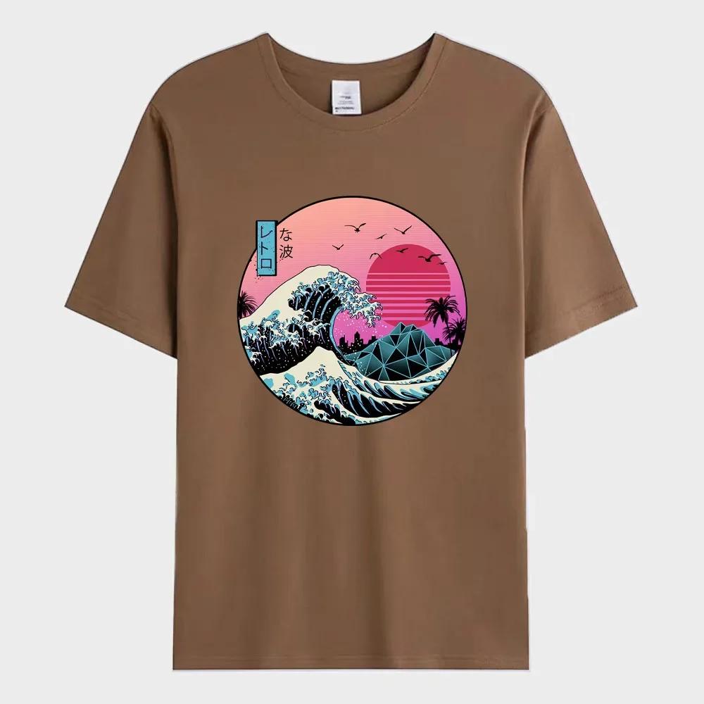 Camiseta Masculina de Verão Ondas do Pôr do Sol no Japão Camiseta Estampada Moda 100% Algodão Manga Curta Camiseta Oversized Roupas Masculinas