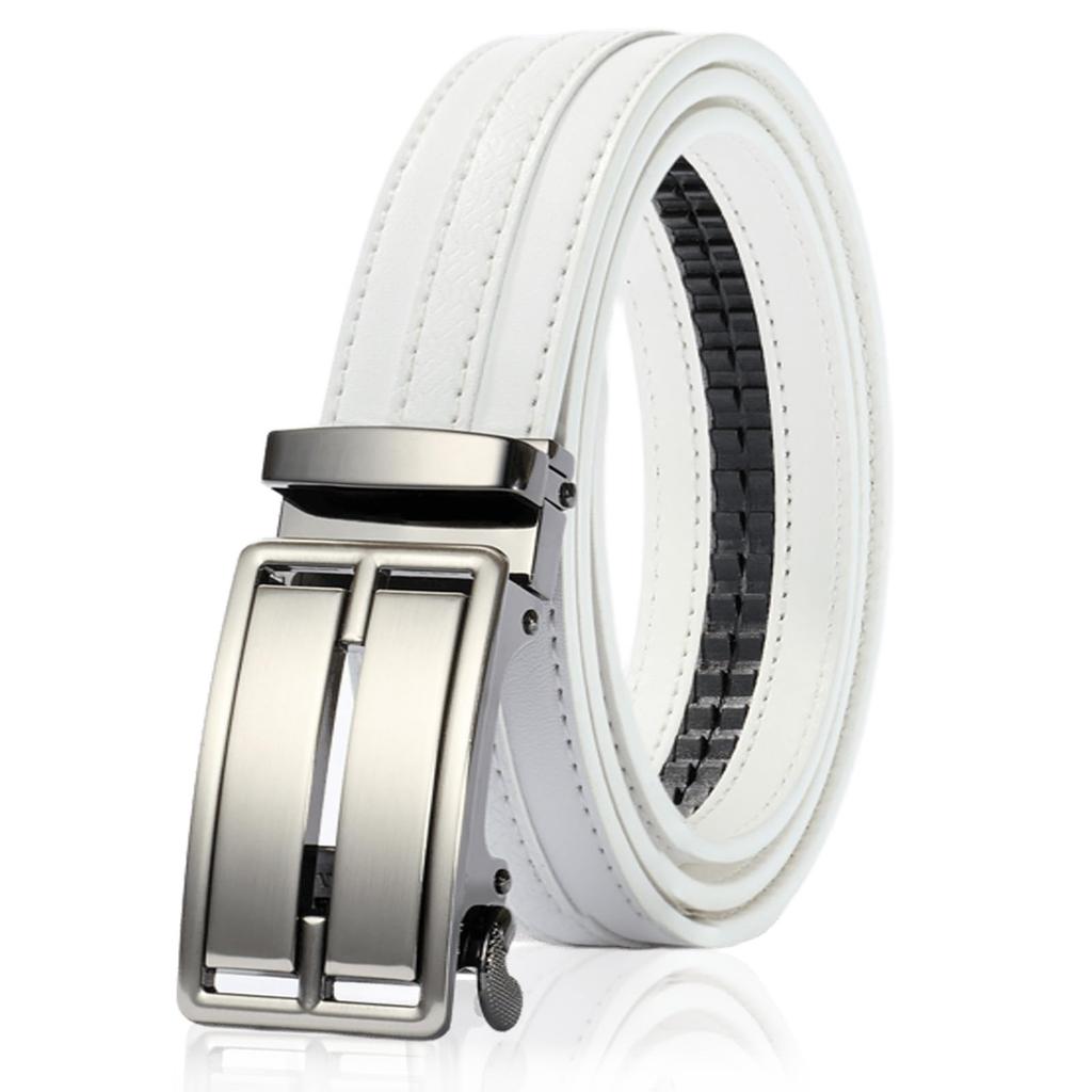 GONZ Men's Golf Belt, Genuine Leather, Slide Lock, Adjustable, No Holes, Addictive Fit, White