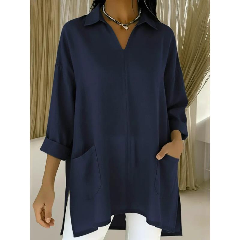 New Spring Women's Solid Color Simple and Versatile Loose Side Slit Mid-length Shirt