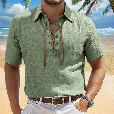 Men's Lace-up V-neck Tee Short Sleeve Lapel T-shirt Solid Color Summer Casual Top for Daily Wear Work Street