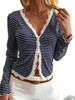 Women Striped Lace Splicing Long Sleeve V Neck Knit Button Cardigan Top