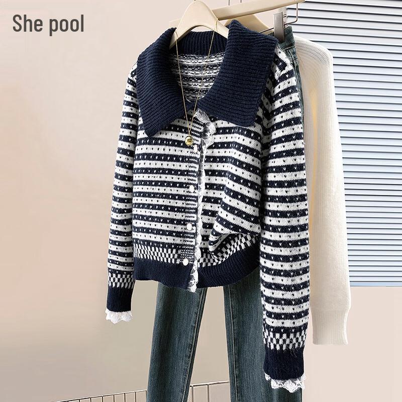 

Women s Lamb Wool Blend Striped Knit Cardigan One Size
