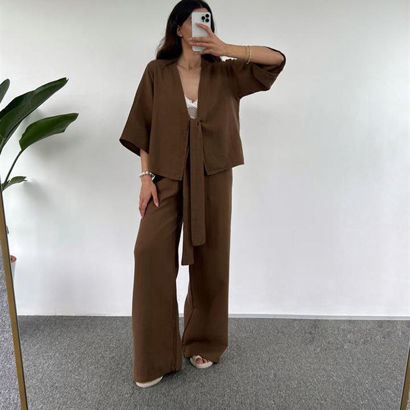 GMXIA Women's Casual Loose Suit with A Lace-up Three-quarter Sleeve Cardigan and Long Pants, A Two-piece Set