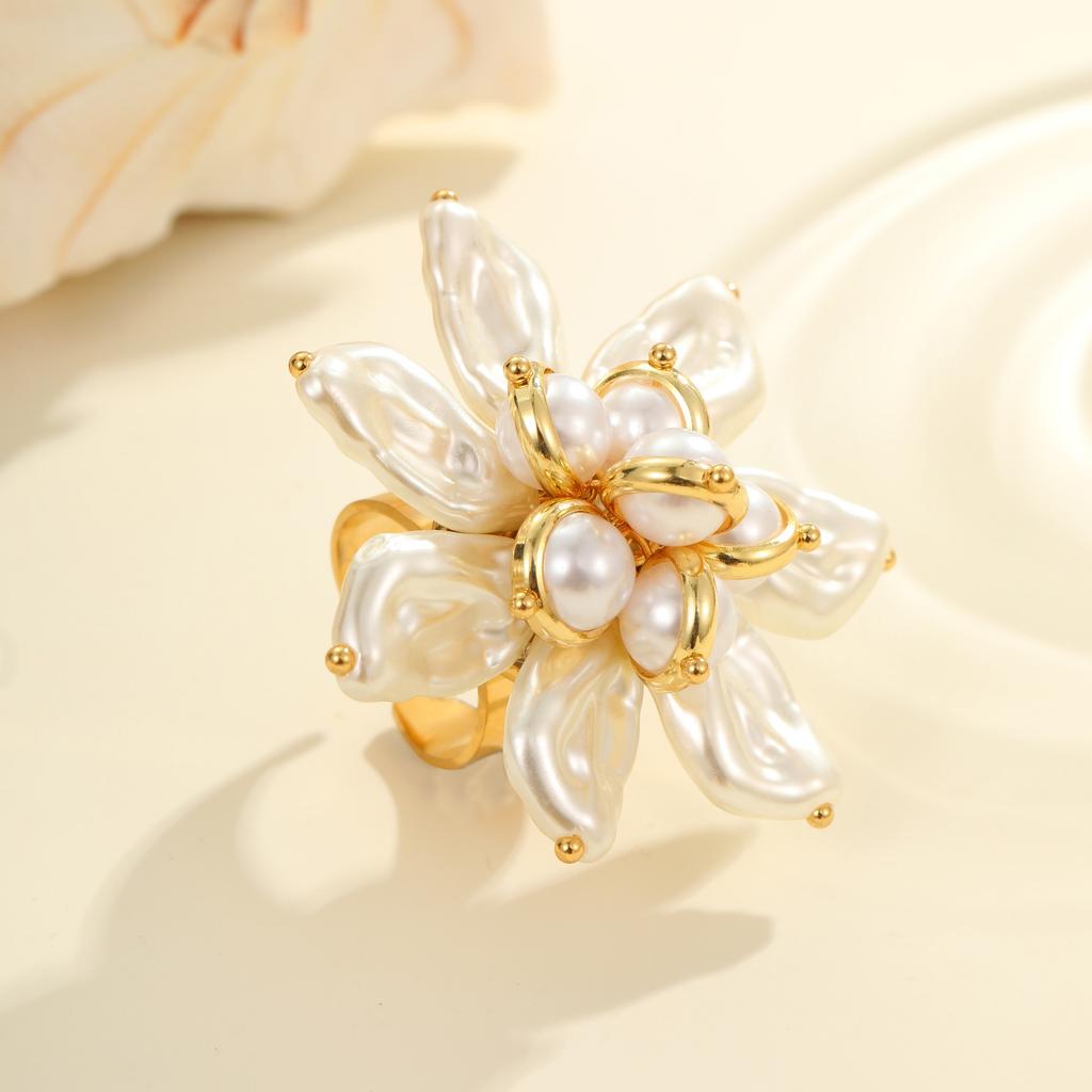 Fashion Stainless Steel Waterproof Colorful Flower Pearl Ring for Women Wedding Party Jewelry
