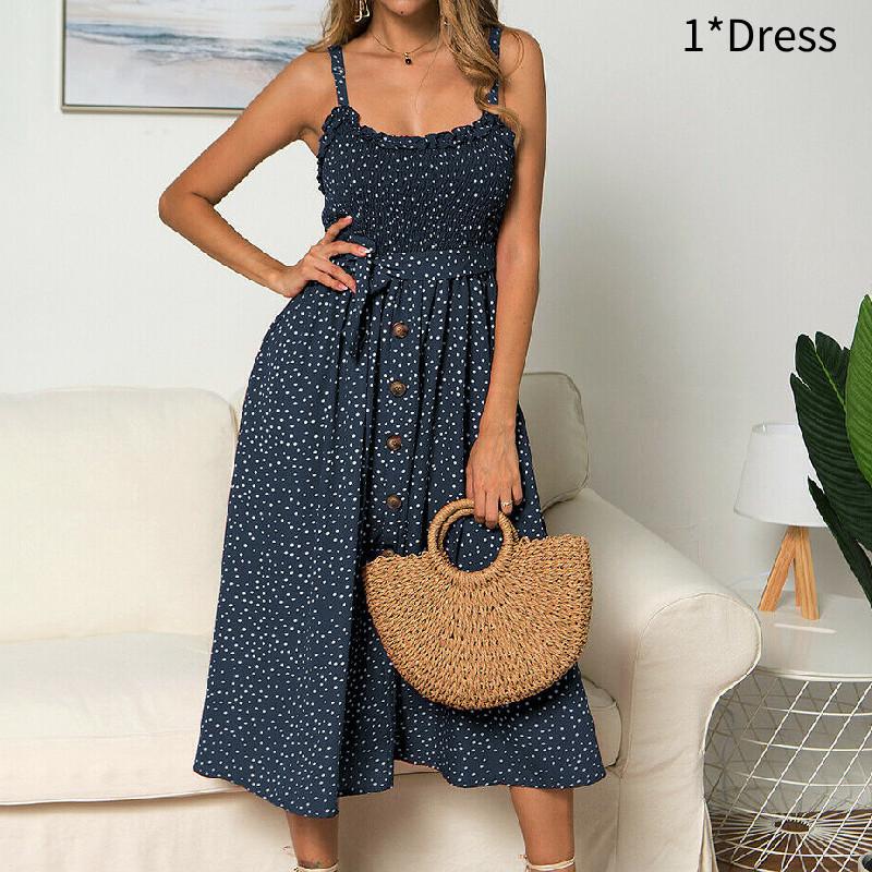 Polka Dot Print Princess Dress With Ruffle Trim Spaghetti Straps