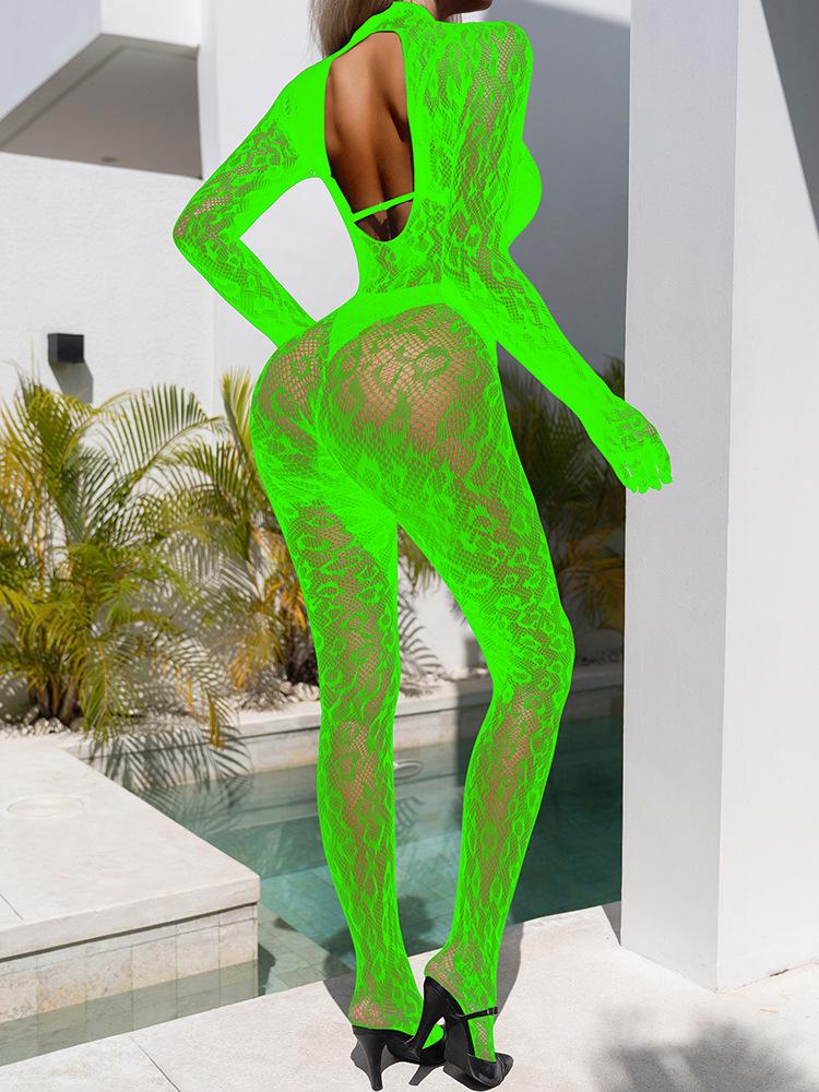 European & American Sexy Long-Sleeved Fishnet Bodysuit with Closed Crotch