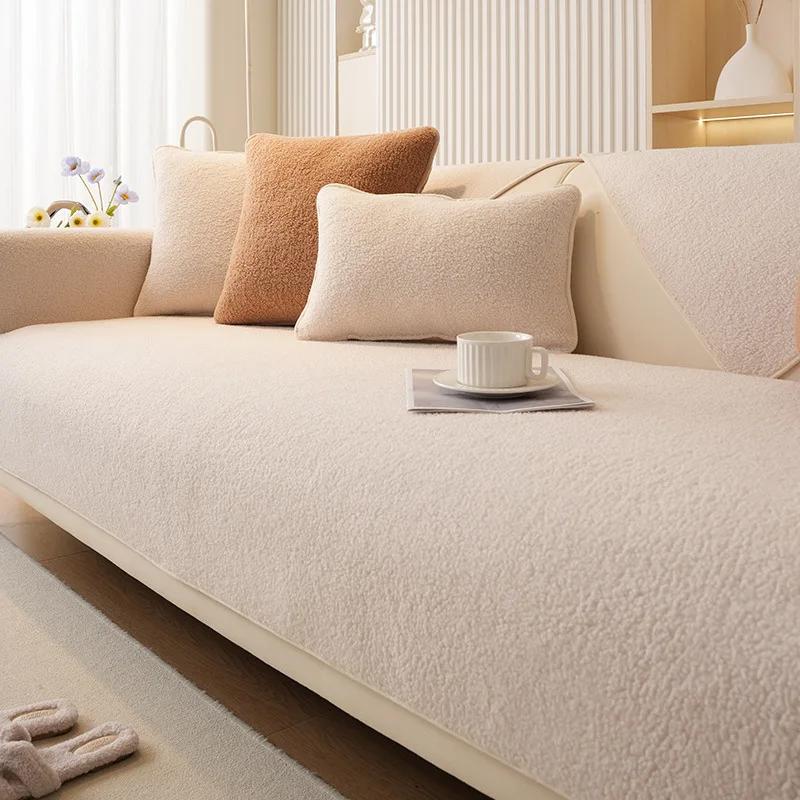 Modern Solid Color Winter Lamb Velvet Sofa Cover Thicken Plush Soft and Smooth Sofa Covers for Living Room Anti-slip Couch Cover