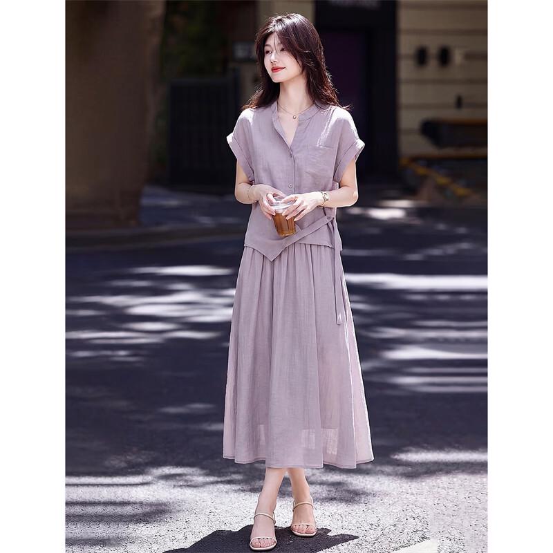 Women's Linen Blend Tie-Waist Shirt & A-line Skirt Set