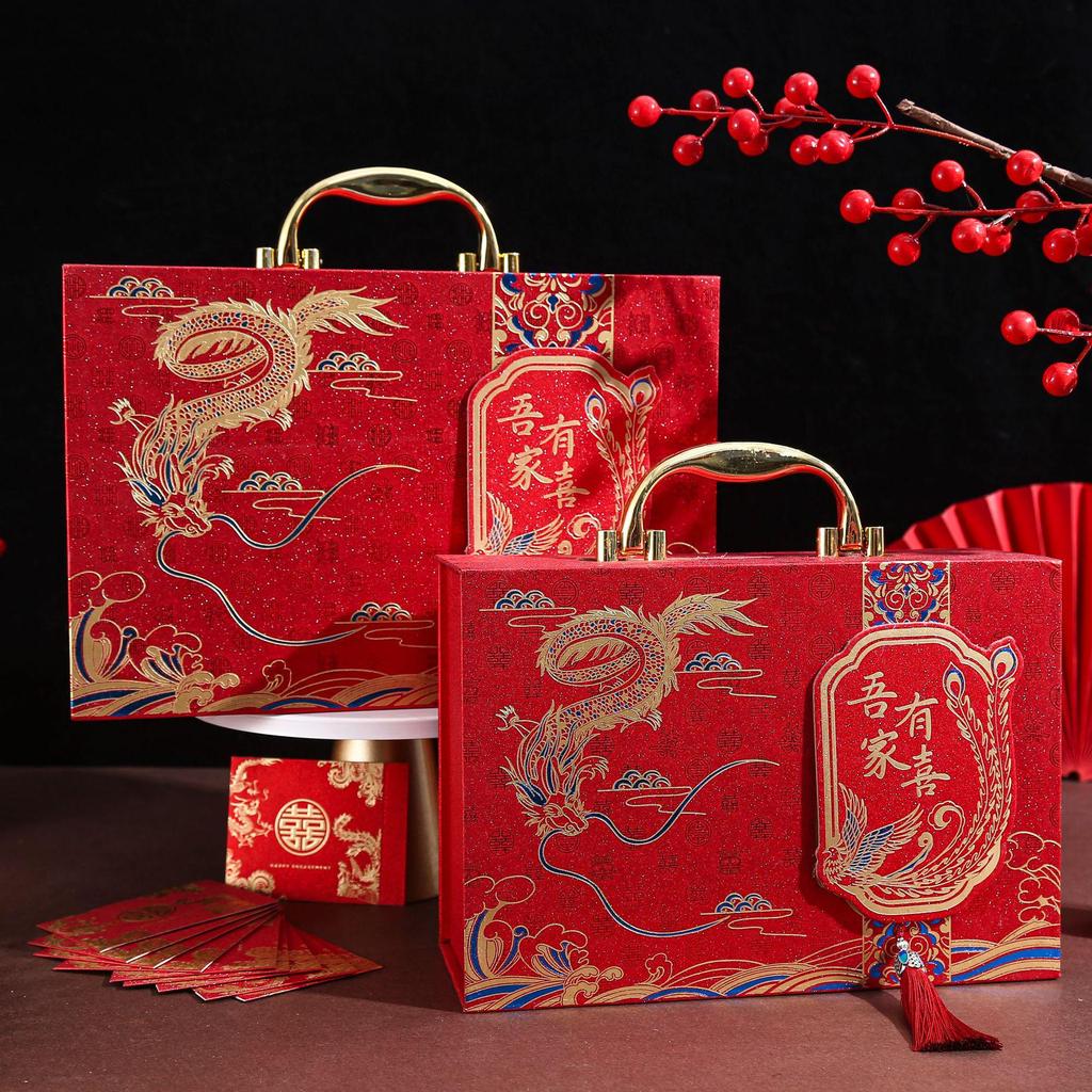 High-End Chinese Red Betrothal Gift Box for Engagement & Wedding, Hot Stamped Red Envelope Box, Handheld Dowry Supplies