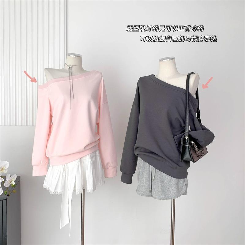 

Однотонный милый и пикантный свитер с косым вырезом, открывающим плечо, с длинными рукавами, женский тонкий, свободного кроя, универсальный, нишевый топ 2XL