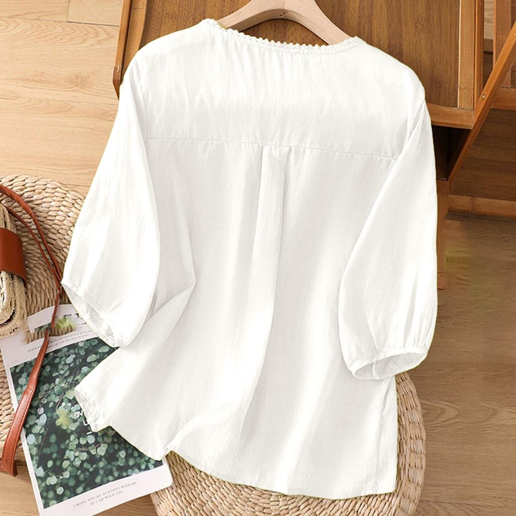 Women's Cotton And Linen Embroidered Loose Retro Round Neck Pullover Top