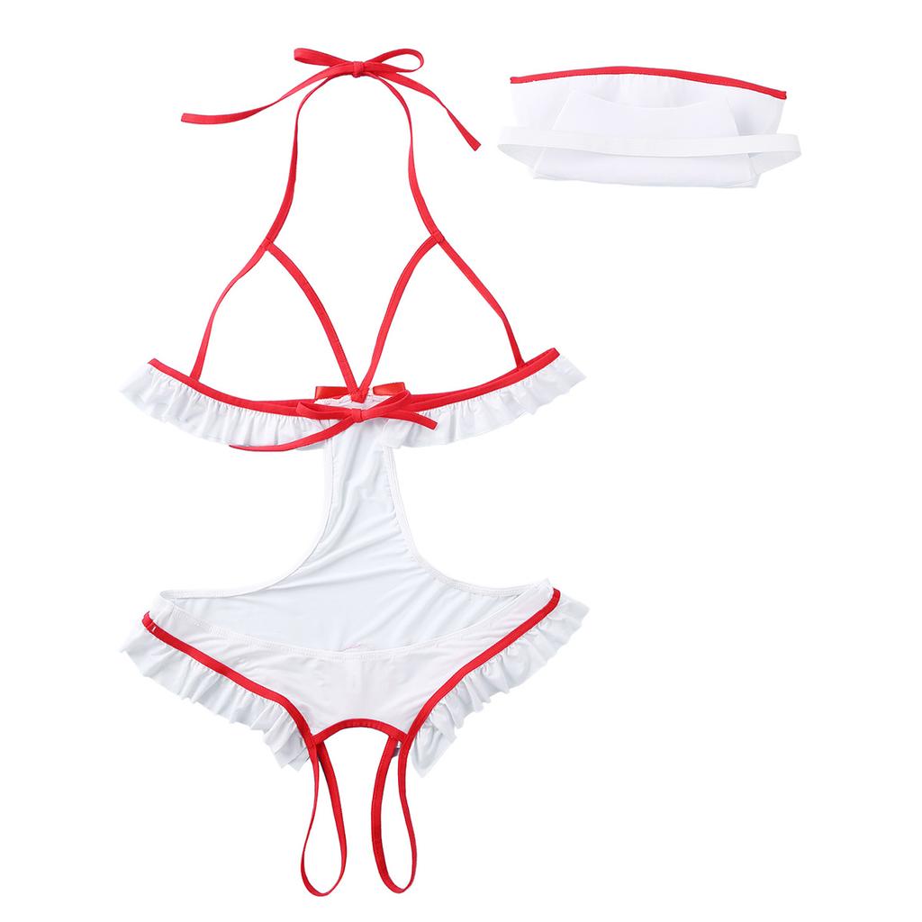 Women's Sexy Lingerie Naughty Nightingale Nurse Costume Babydoll Bodysuit with Headband